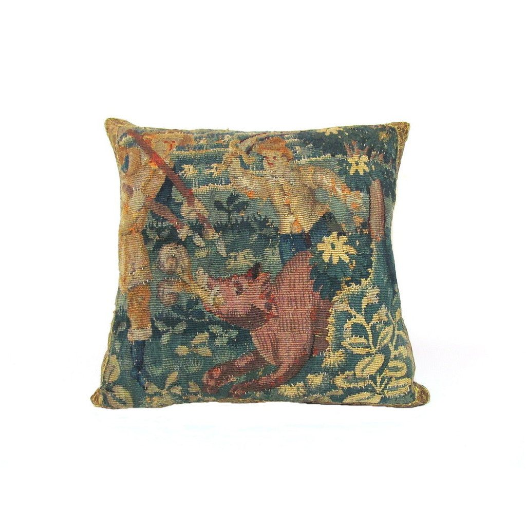 Flemish 17th Century Tapestry Fragment Pillow Depicting Hunters and a Boar