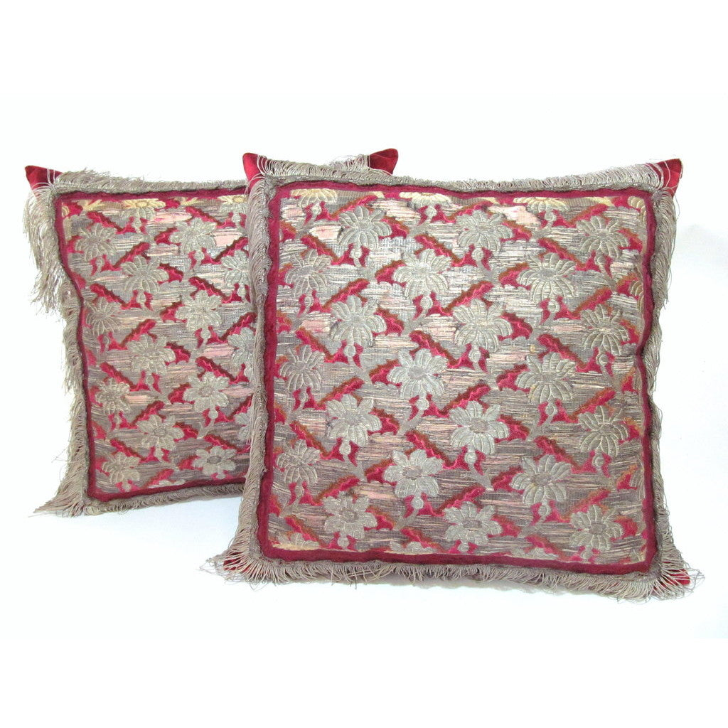 Italian Fragment Pillow of Silk and Metal Flowers with Torchon Lace