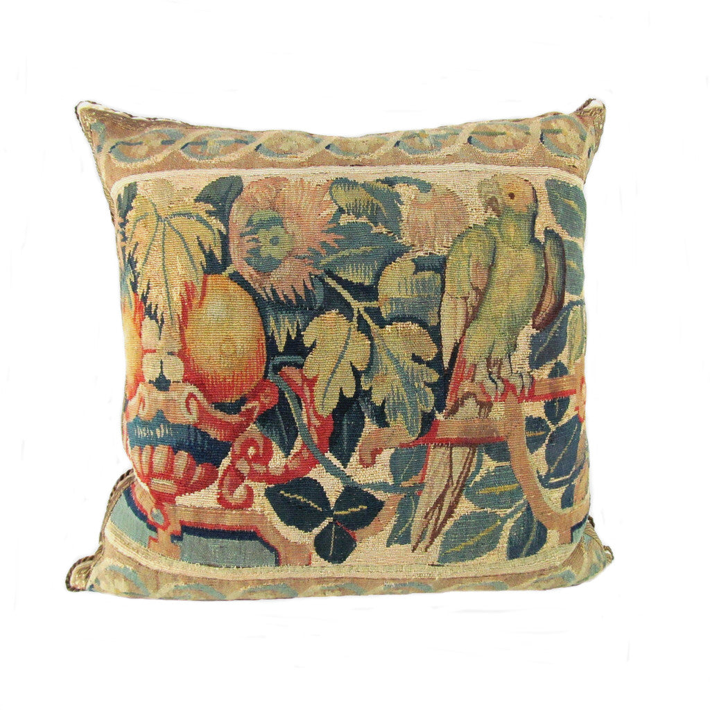French 17th Century Tapestry Pillow Depicting a Parrot and Urn of Flowers
